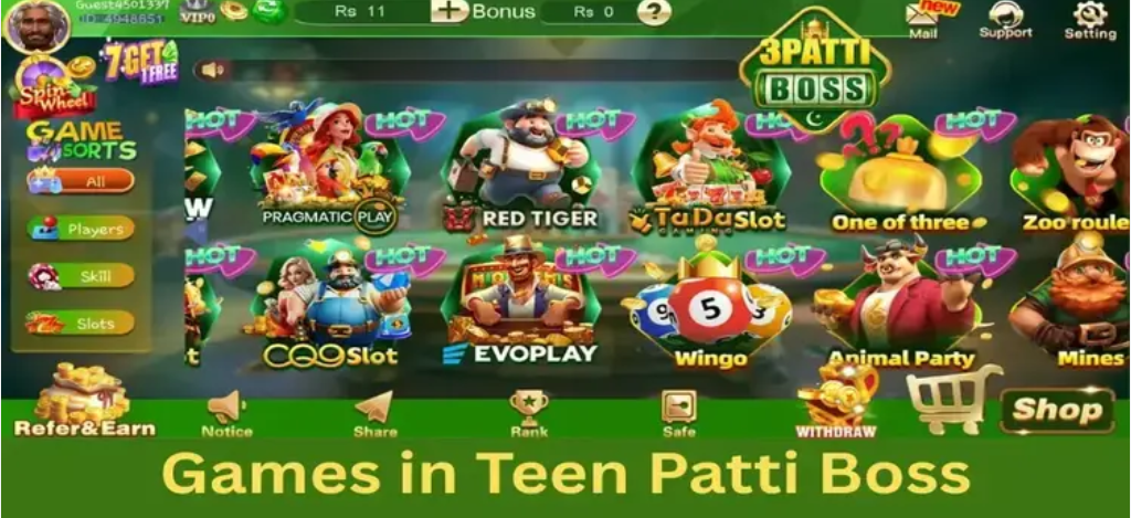 Games inside the 3 Patti Boss APK 2026. Dragon vs Tiger, classic teen patti, mines and risks and many more