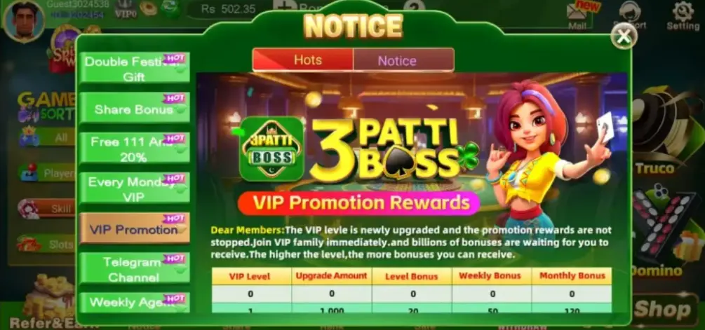 3 Patti Boss daily login rewards center displaying sign-up bonus and VIP progress
