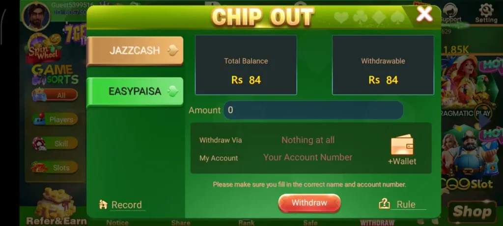 3 patti boss EasyPaisa and JazzCash withdrawal interface displaying mobile account title verification and automated payout request box.