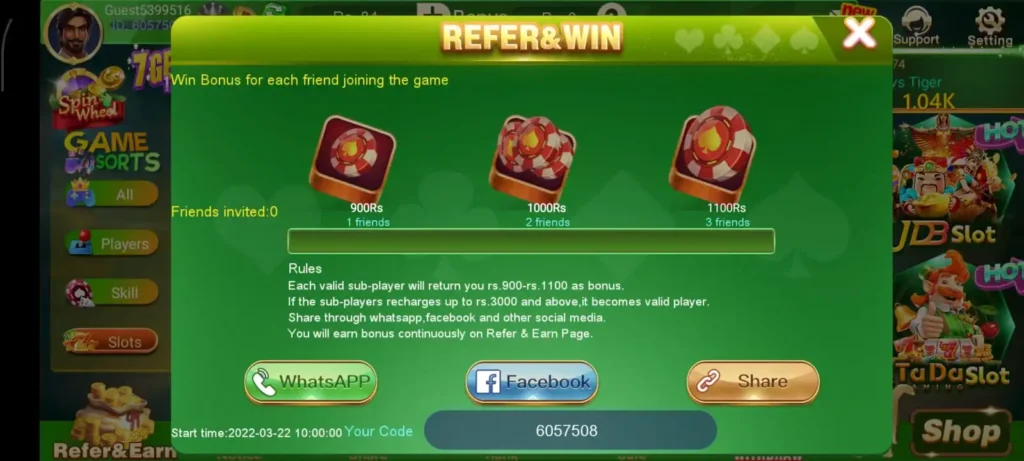 Referral program dashboard of teen patti boss showing unique invitation link, commission tiers, and team reward tracking.