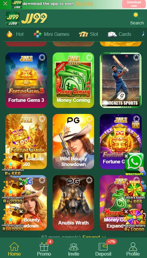 The main JJ99 Game lobby dashboard featuring active digital challenges, the Aviator module, and the live user account balance.