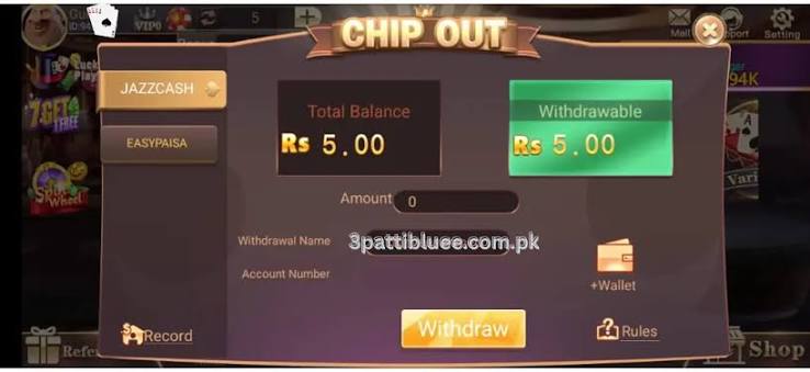 3 Patti Blue withdrawal transaction record showing PKR 1460 payout credited to JazzCash