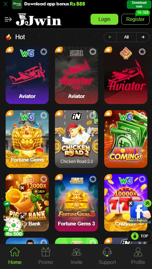 JJWin hot games screen showing Spribe Aviator, Chicken Road 2.0, Fortune Gems 3, and Crazy 777