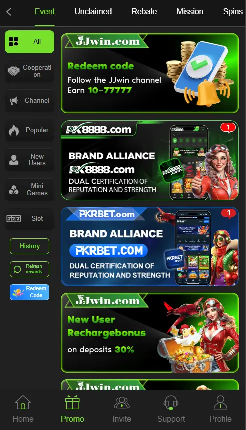 JJWin promotion center showing redeem codes, 30 percent new user recharge bonus, and brand alliance cards