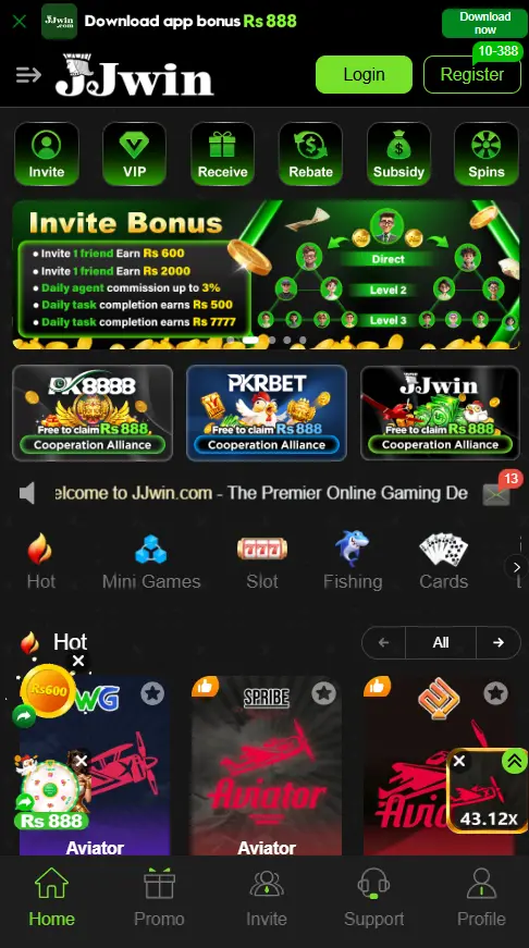 JJWin home screen dashboard showing Rs 888 download incentive, friend invite tier tree, and Aviator tabs